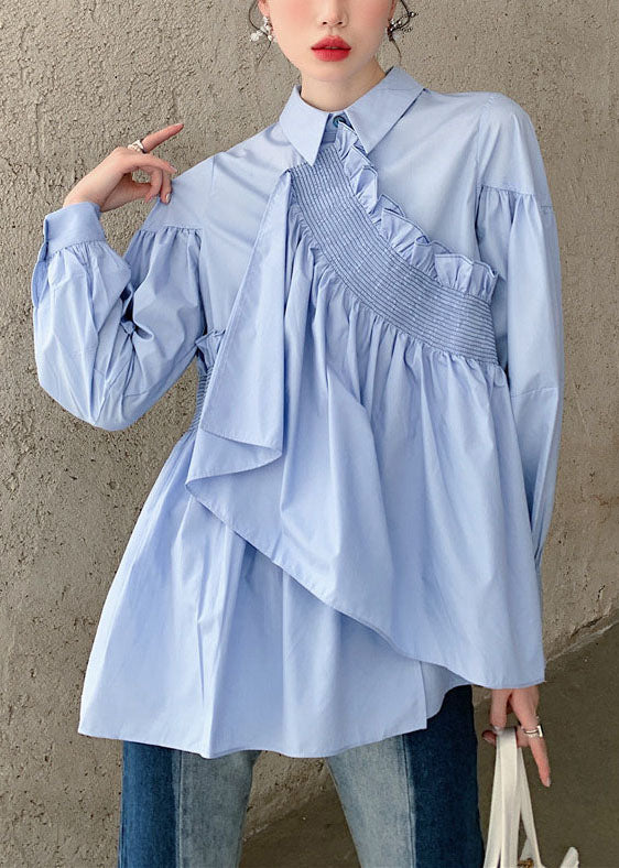 Natural Blue Asymmetrical Ruffled Patchwork Cotton Shirt Spring