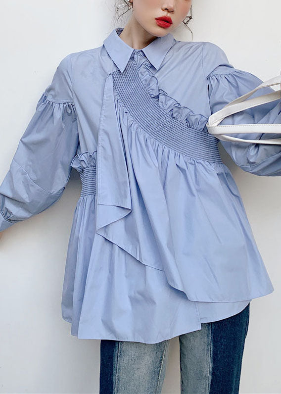 Natural Blue Asymmetrical Ruffled Patchwork Cotton Shirt Spring