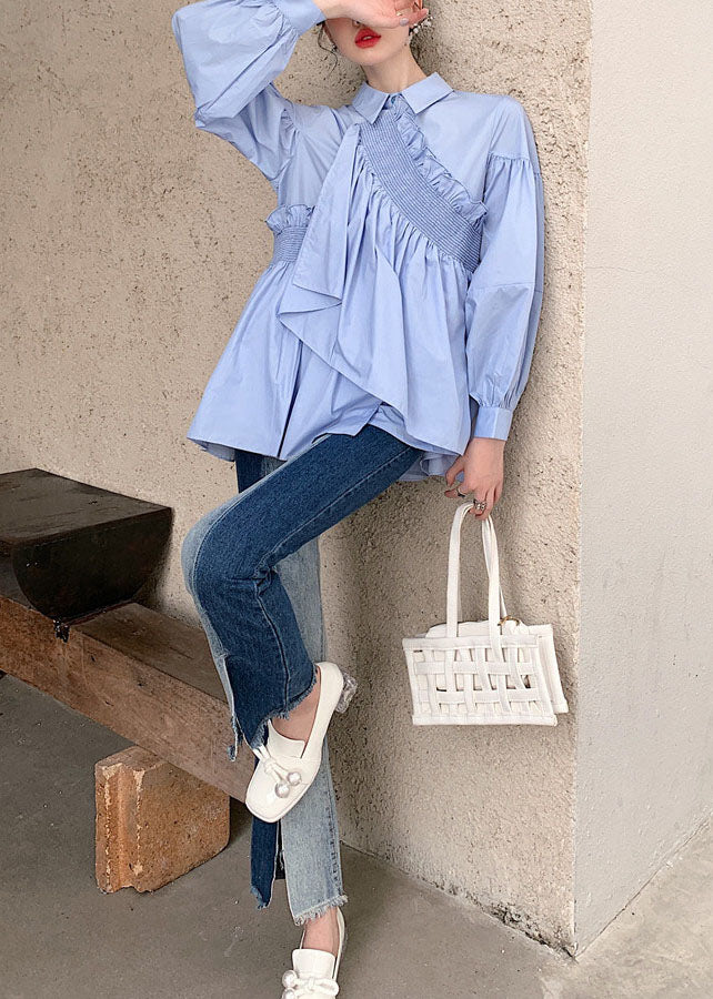 Natural Blue Asymmetrical Ruffled Patchwork Cotton Shirt Spring