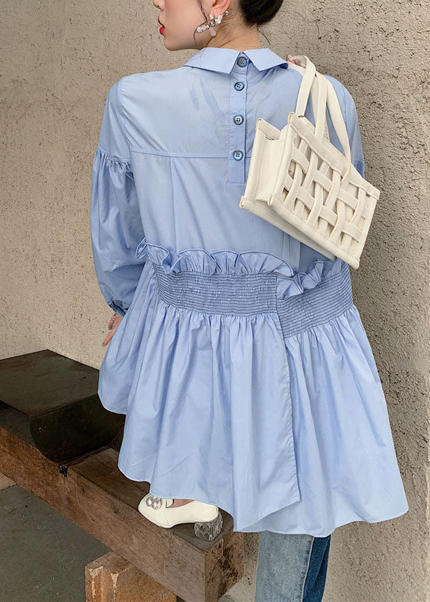 Natural Blue Asymmetrical Ruffled Patchwork Cotton Shirt Spring