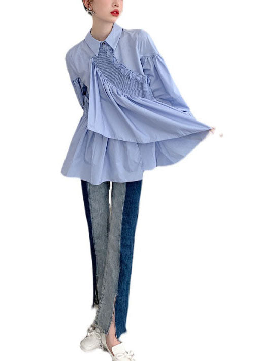 Natural Blue Asymmetrical Ruffled Patchwork Cotton Shirt Spring