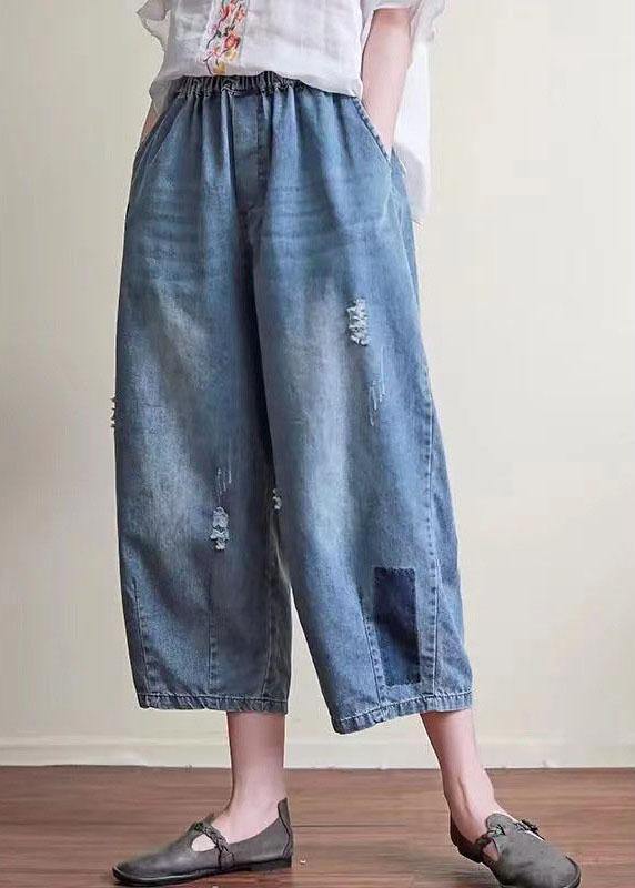 Natural Blue Casual Pockets Hole Harem Fall Denim Pant - Omychic