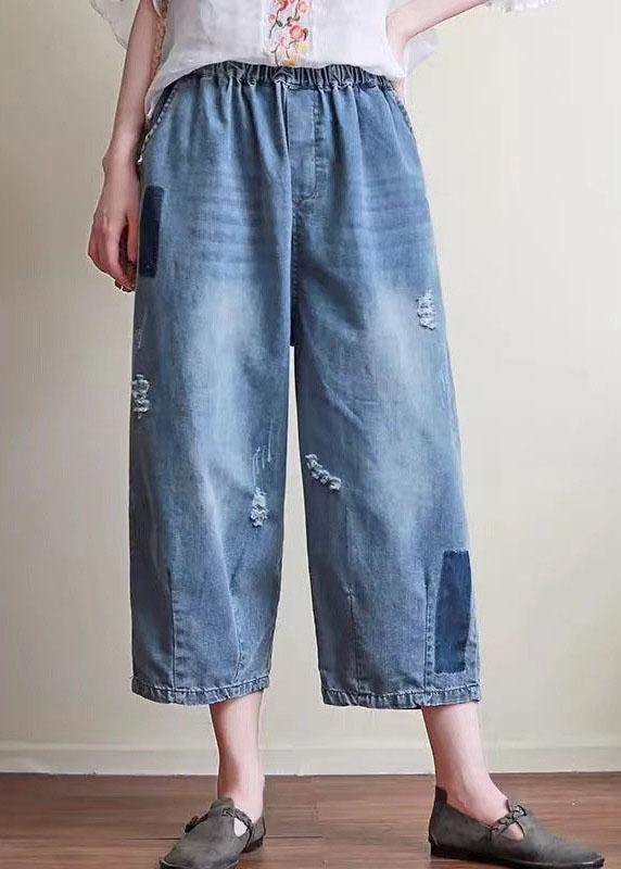 Natural Blue Casual Pockets Hole Harem Fall Denim Pant - Omychic