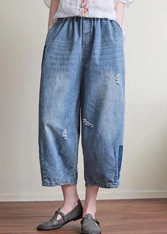 Natural Blue Casual Pockets Hole Harem Fall Denim Pant - Omychic