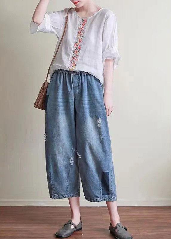 Natural Blue Casual Pockets Hole Harem Fall Denim Pant - Omychic