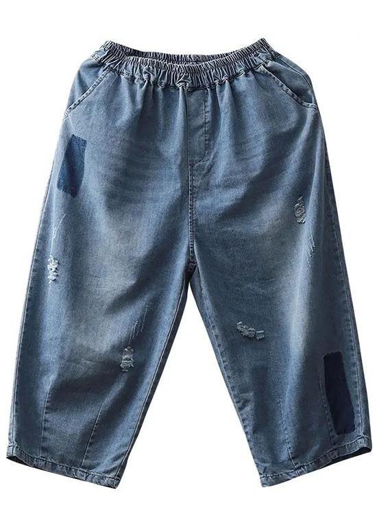 Natural Blue Casual Pockets Hole Harem Fall Denim Pant - Omychic