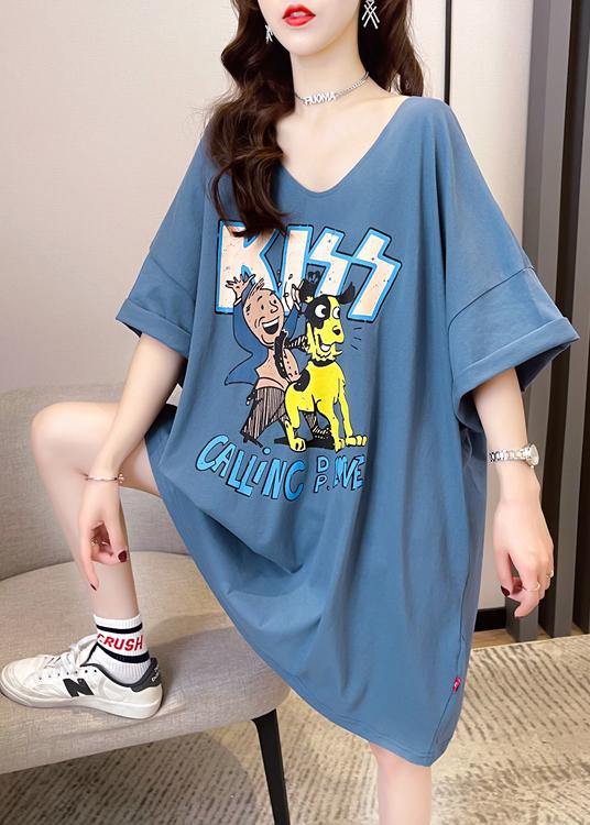 Natural Blue Graphic Vacation Summer Cotton Dress - Omychic
