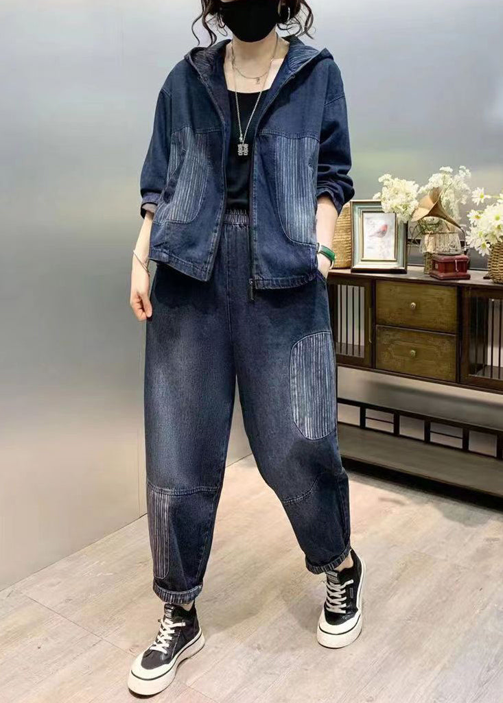 Natural Blue Hooded Patchwork Denim Two Pieces Set Fall