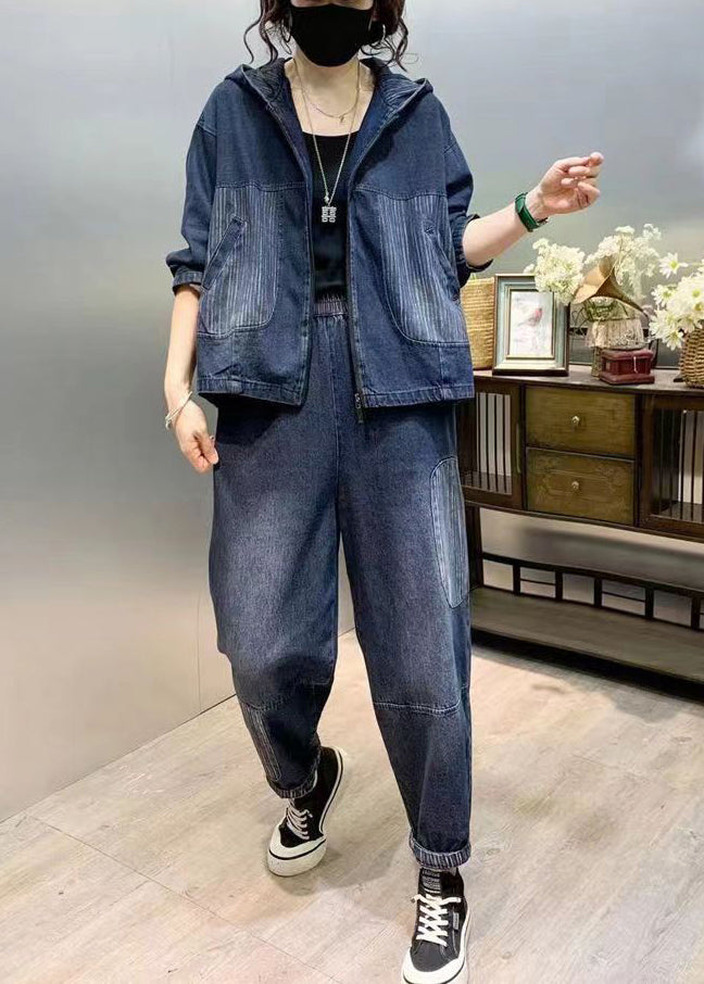 Natural Blue Hooded Patchwork Denim Two Pieces Set Fall