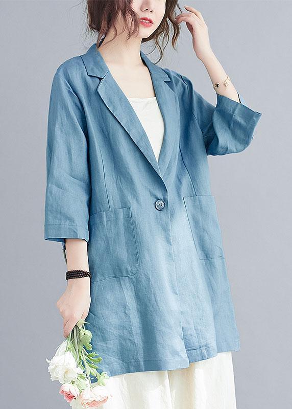 Natural Blue Notched Button Pockets Fall Three Quarter sleeve Blouse Top - Omychic