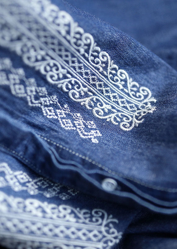 Natural Blue Peter Pan Collar Embroideried Patchwork Denim Shirt Long Sleeve