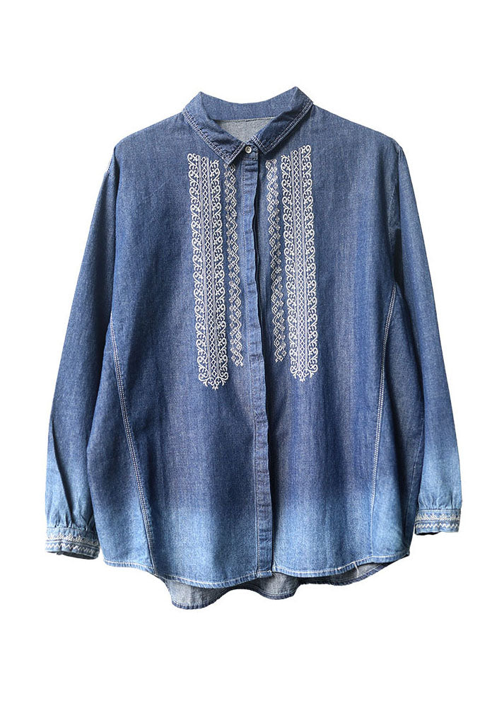 Natural Blue Peter Pan Collar Embroideried Patchwork Denim Shirt Long Sleeve