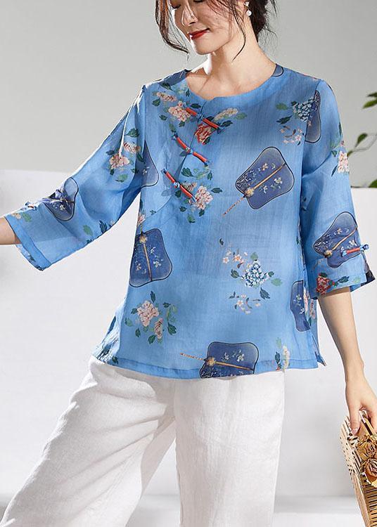 Natural Blue Print Oriental Summer Ramie Shirt - Omychic