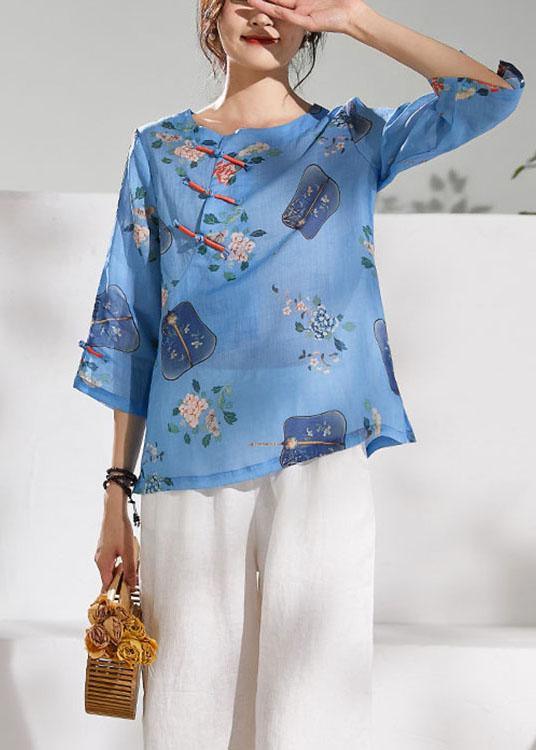 Natural Blue Print Oriental Summer Ramie Shirt - Omychic