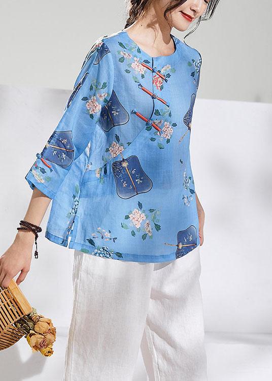 Natural Blue Print Oriental Summer Ramie Shirt - Omychic