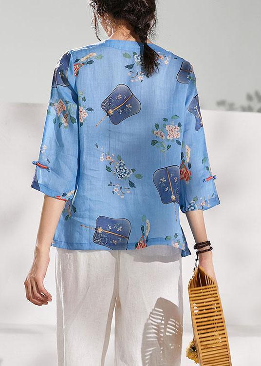 Natural Blue Print Oriental Summer Ramie Shirt - Omychic