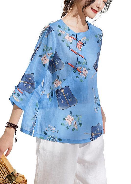 Natural Blue Print Oriental Summer Ramie Shirt - Omychic