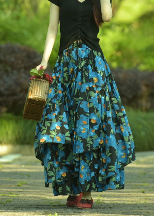Natural Blue Wrinkled Asymmetrical Print Cotton Skirt Spring