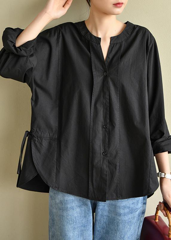 Natural Button Down Black V Neck Tops - Omychic