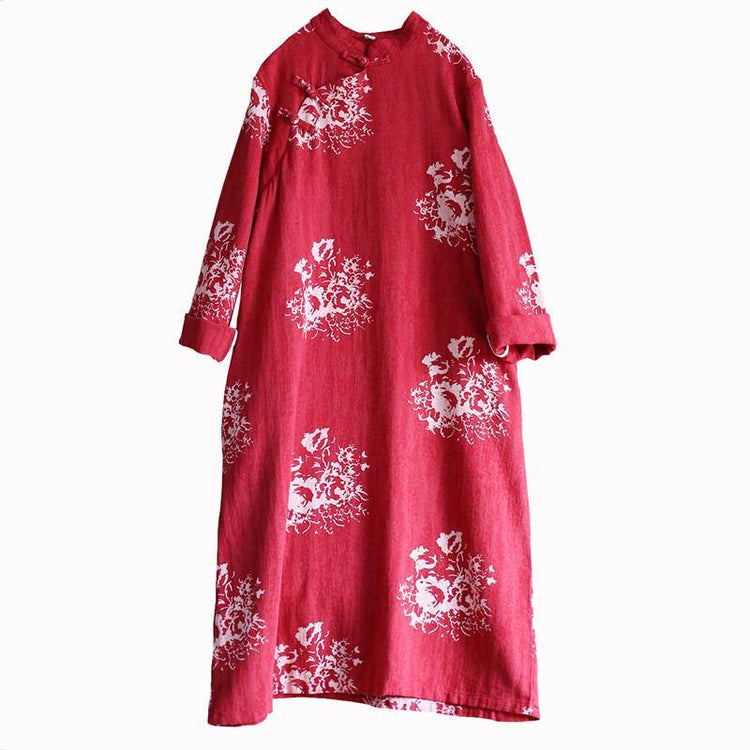 Natural Chinese Button cotton stand collardresses Wardrobes red prints cotton Dress - Omychic