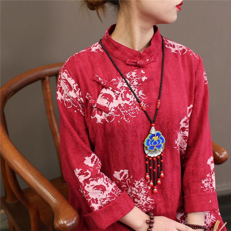Natural Chinese Button cotton stand collardresses Wardrobes red prints cotton Dress - Omychic