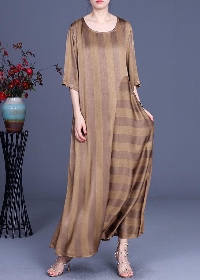 Natural Chocolate Striped O-Neck Summer Silk Party Dress - Omychic