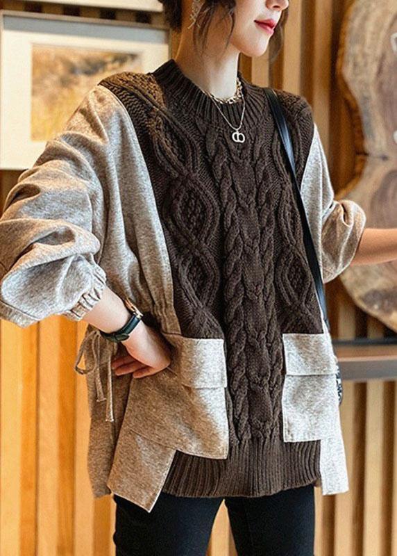 Natural Coffee Patchwork Pockets Cinched Thick Fall Knit Sweater - Omychic