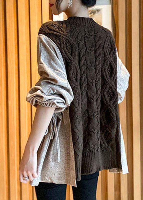 Natural Coffee Patchwork Pockets Cinched Thick Fall Knit Sweater - Omychic