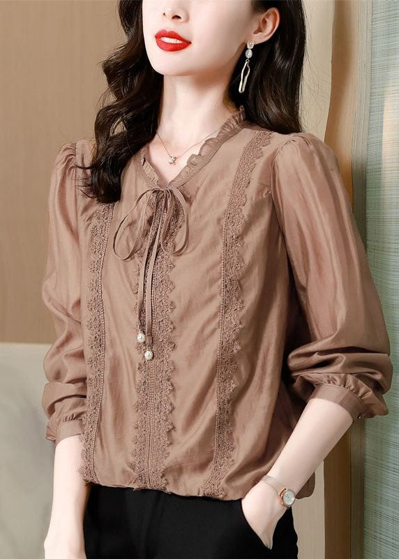 Natural Coffee Ruffled Lace Patchwork Cotton Shirts Spring