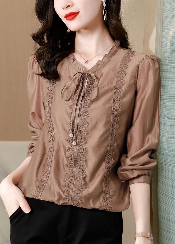 Natural Coffee Ruffled Lace Patchwork Cotton Shirts Spring