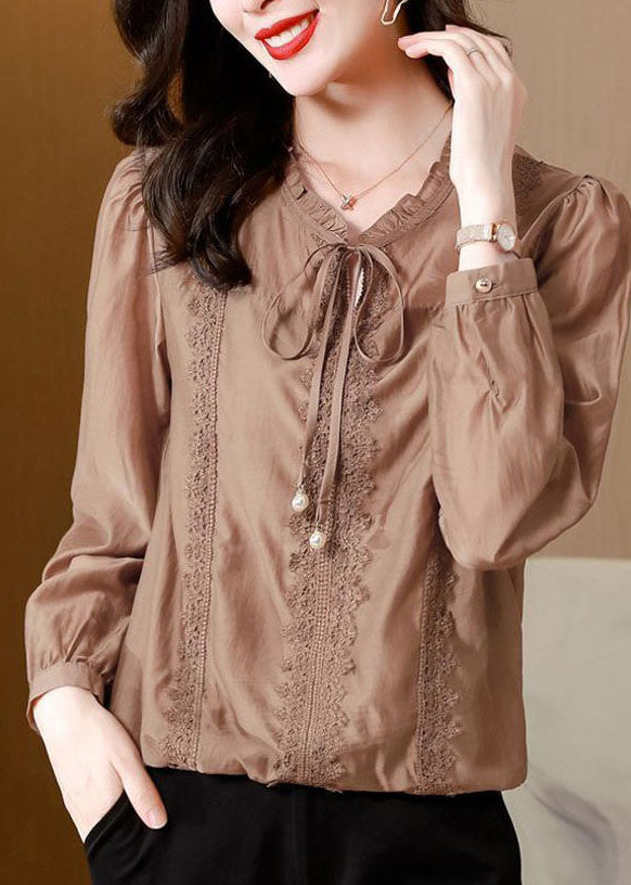 Natural Coffee Ruffled Lace Patchwork Cotton Shirts Spring