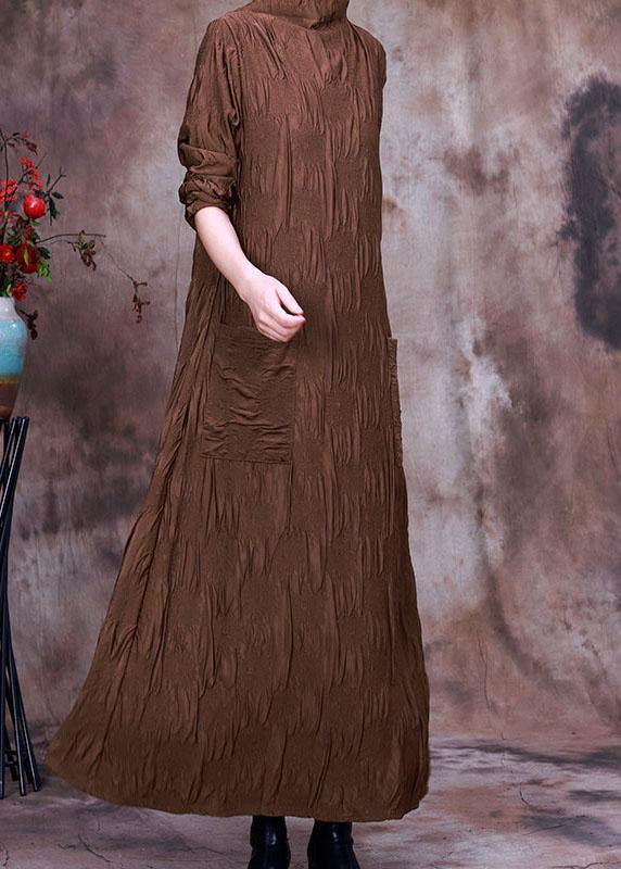 Natural Coffee Turtle Neck Pockets Silk Dress Spring - Omychic