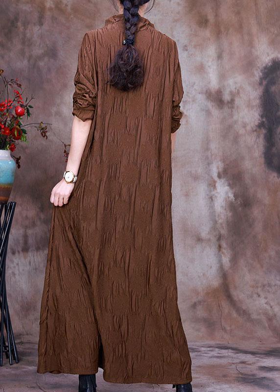 Natural Coffee Turtle Neck Pockets Silk Dress Spring - Omychic