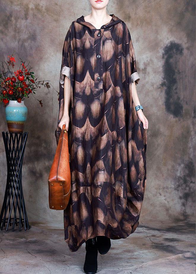 Natural Coffee hooded Button Print asymmetrical design Fall Dress Long sleeve - Omychic