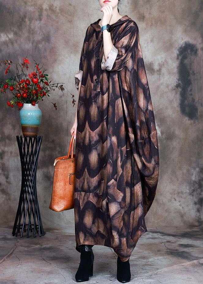 Natural Coffee hooded Button Print asymmetrical design Fall Dress Long sleeve - Omychic