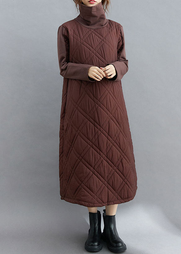 Natural Coffee thick Pockets Fine Cotton Filled Long Dress Winter