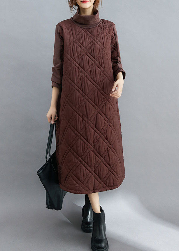 Natural Coffee thick Pockets Fine Cotton Filled Long Dress Winter