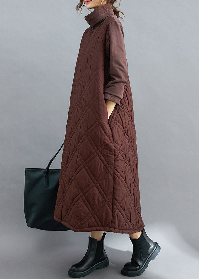 Natural Coffee thick Pockets Fine Cotton Filled Long Dress Winter