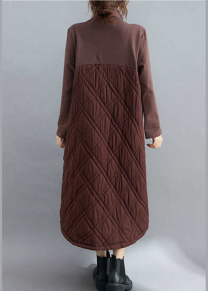 Natural Coffee thick Pockets Fine Cotton Filled Long Dress Winter