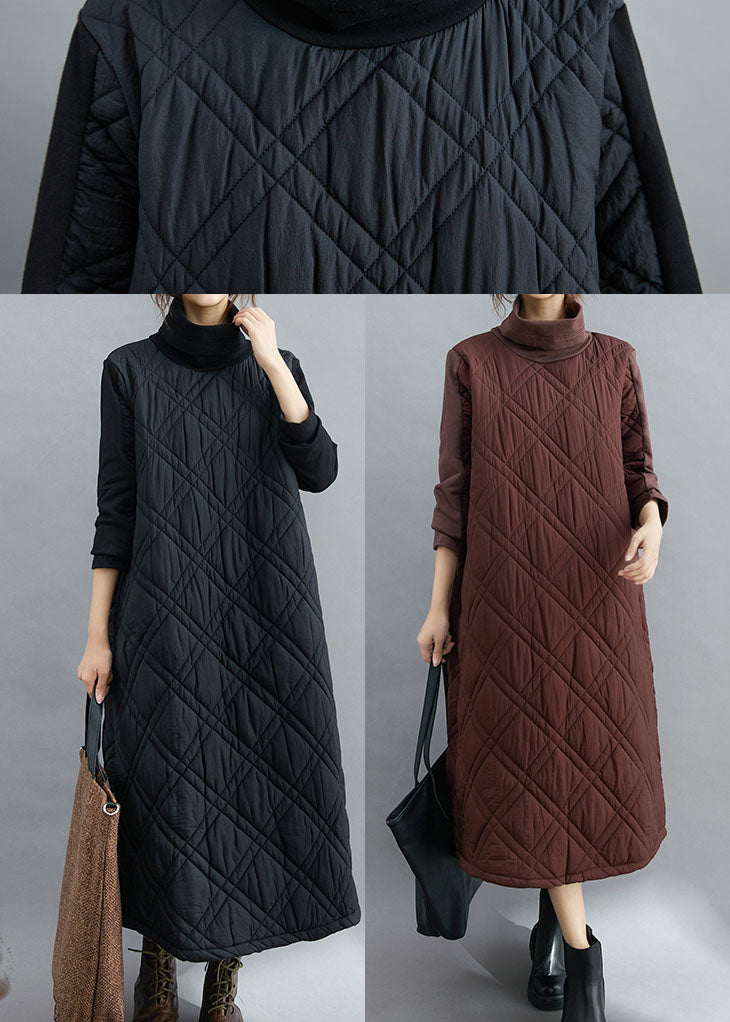 Natural Coffee thick Pockets Fine Cotton Filled Long Dress Winter