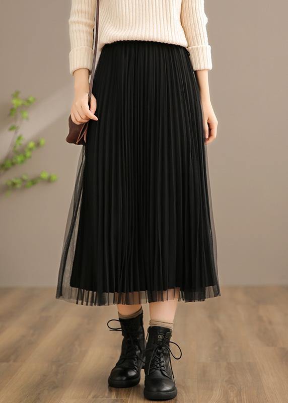 Natural Elastic Waist Pleated Skirt Spring Clothes Fashion Ideas Black Loose Skirt - Omychic