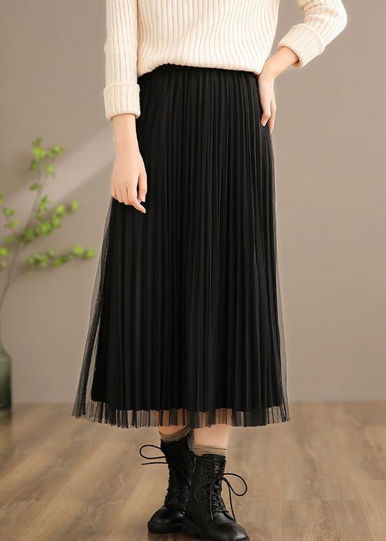 Natural Elastic Waist Pleated Skirt Spring Clothes Fashion Ideas Black Loose Skirt - Omychic