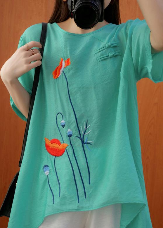 Natural Embroidery Summer Blouses For Women Green Shirt - Omychic