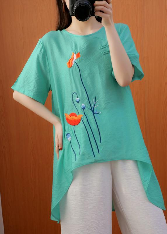 Natural Embroidery Summer Blouses For Women Green Shirt - Omychic