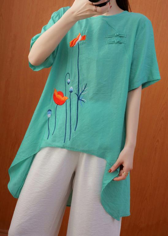 Natural Embroidery Summer Blouses For Women Green Shirt - Omychic