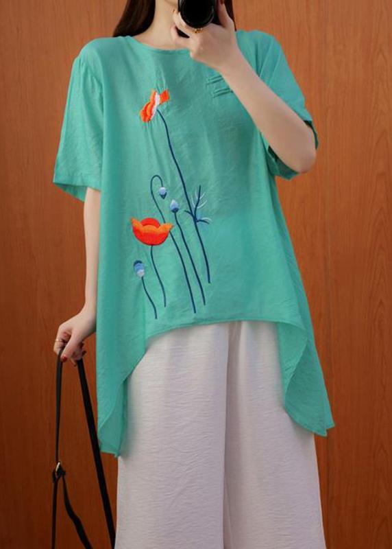 Natural Embroidery Summer Blouses For Women Green Shirt - Omychic