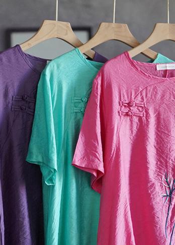 Natural Embroidery Summer Blouses For Women Green Shirt - Omychic