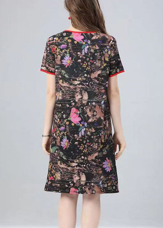 Natural Floral O Neck Print Patchwork Cotton Mid Dress Summer