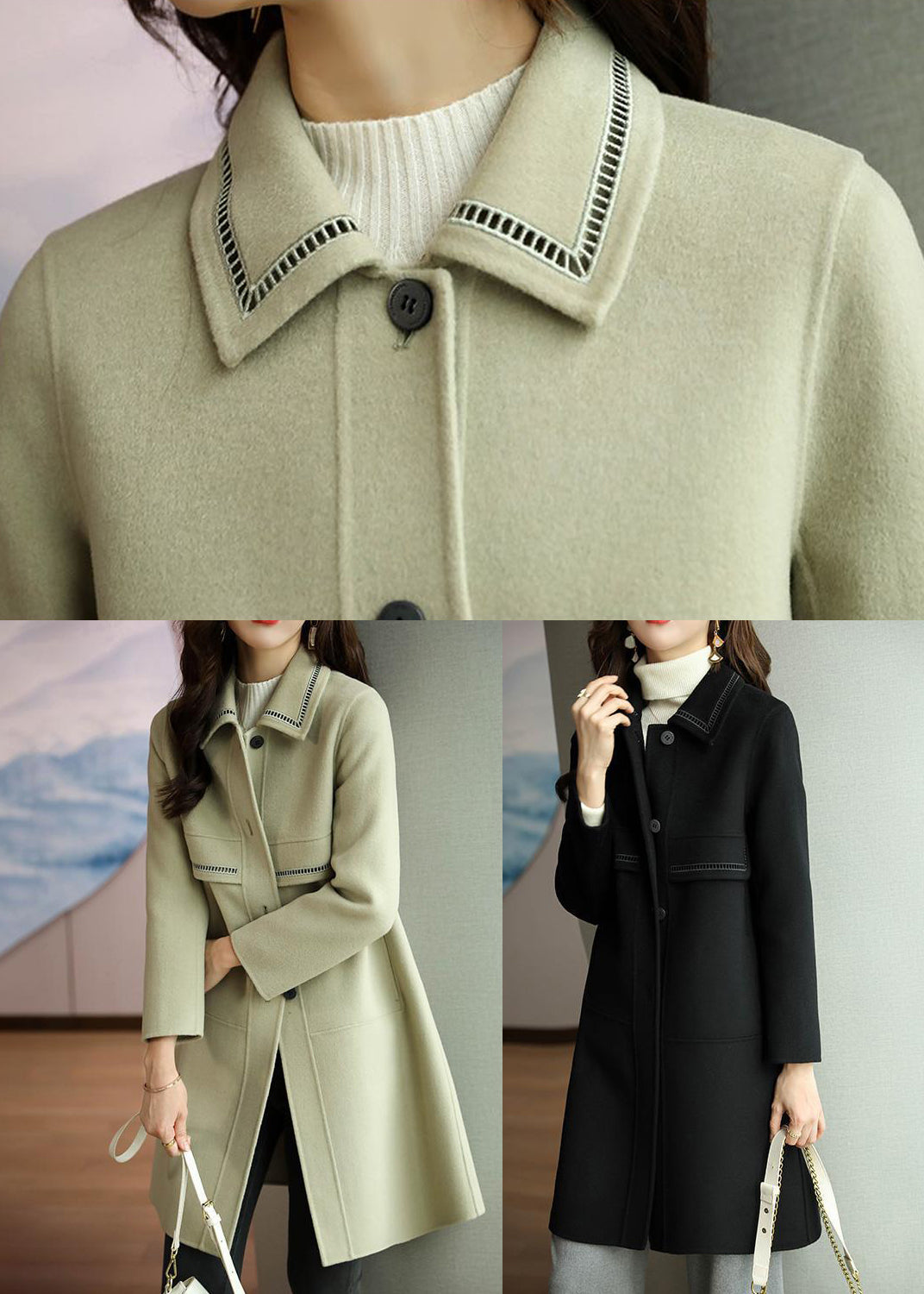 Natural Grass Green Peter Pan Collar Patchwork Woolen Jackets Fall