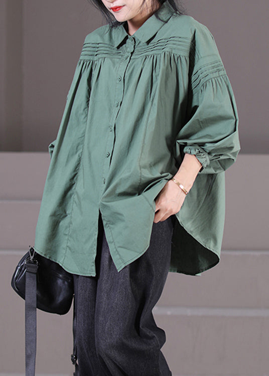 Natural Green Peter Pan Collar Wrinkled Shirts Long Sleeve